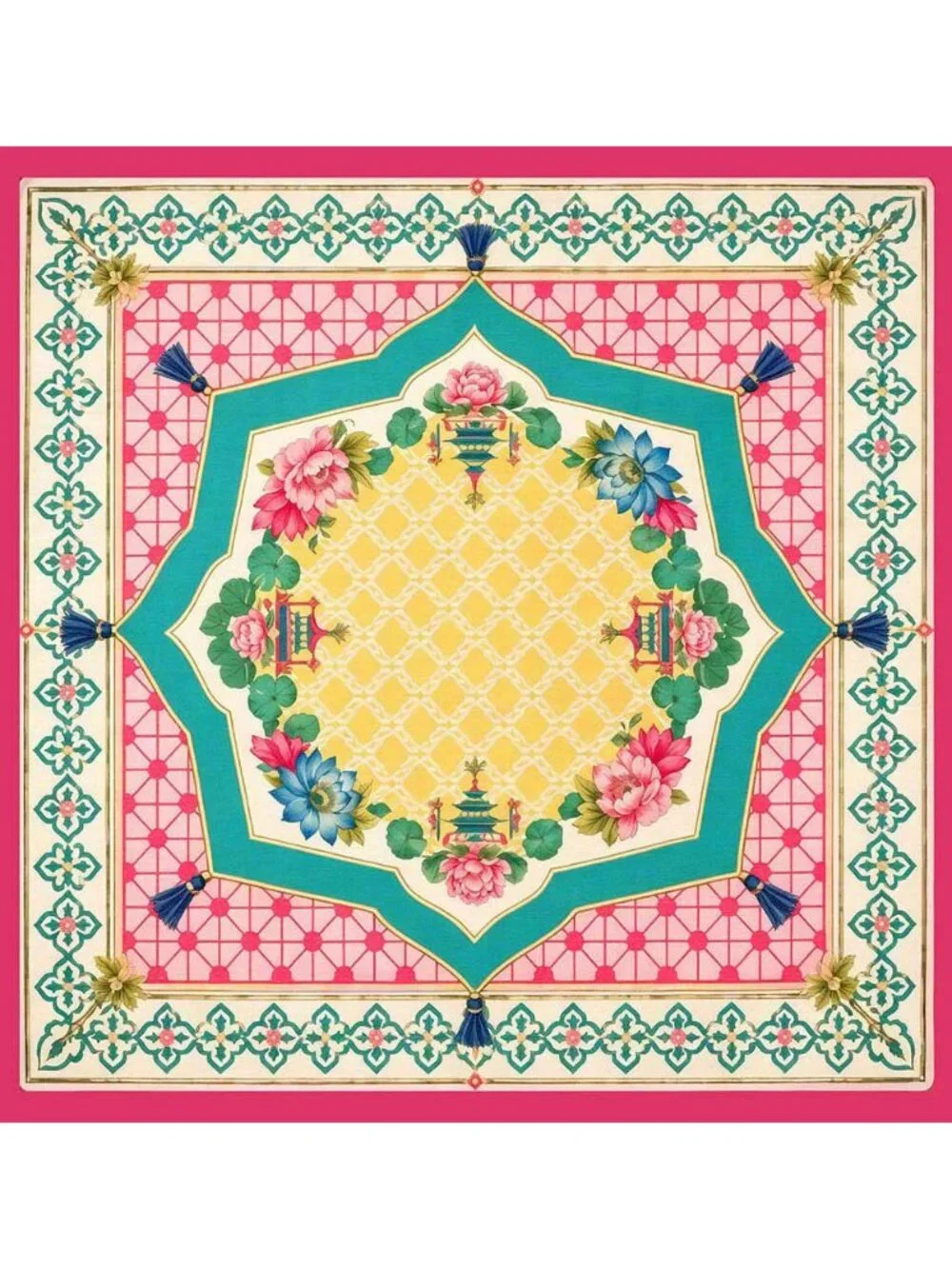 Tigerstars Pink Lotus Floral Tassel Print Square Bandana Scarf